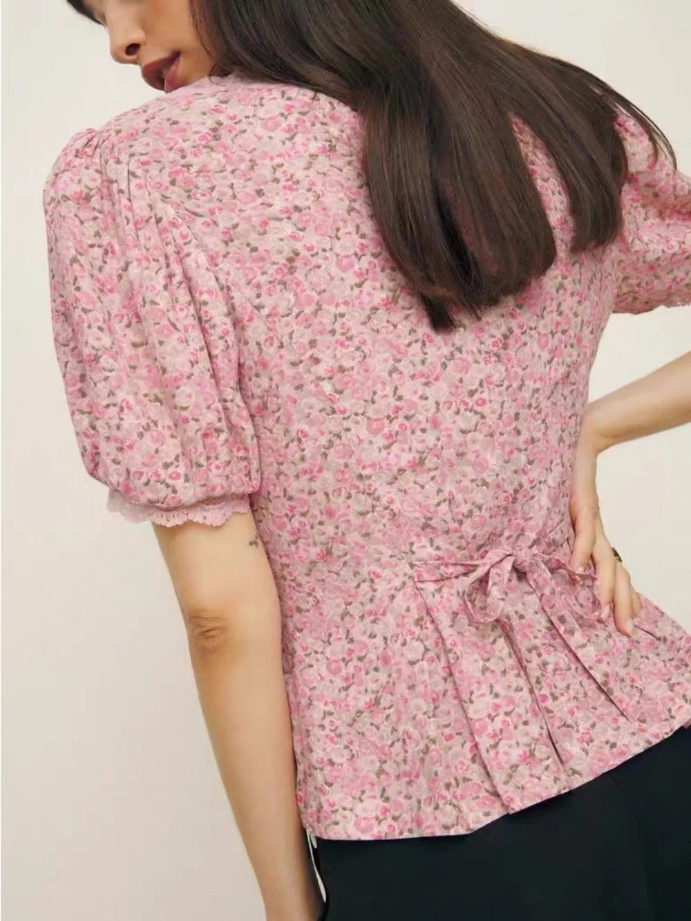 Reformation Minette Pink Floral Puff-Sleeve Lace Trim Top, 2 4